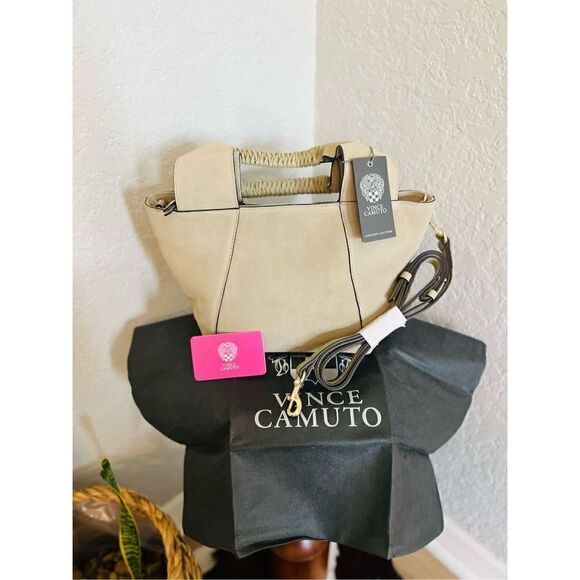 VINCE CAMUTO Janya Top Handle Leather Crossbody Tote Hobo Bag, Khaki, NWT‎ - Picture 1 of 17